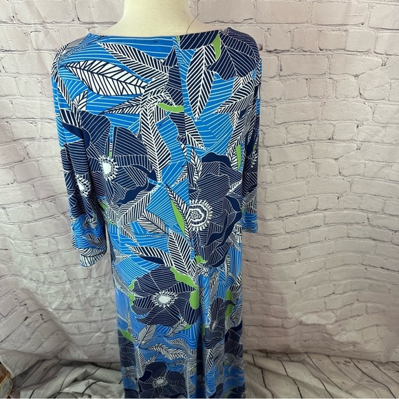 the look Chic Blue Green tropical Floral Dress sz XL 3/4 sleeve bateau neck - Picture 3 of 9